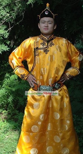 Chinese Traditional Mongolian Emperor Golden Long Robe and Hat Complete Set