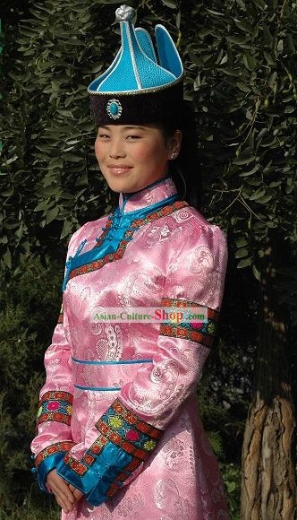 Chinese Traditional Handmade Mongolian Long Robe and Hat Complete Set (pink)