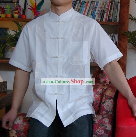 Estilo Chino Mandarín Short Handed blanca de lino Camisa de bambú