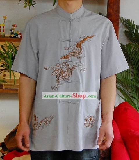 Chinese Classical Mandarin Style Short Handed Flax Dragon Shirt