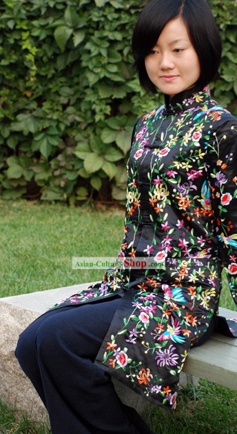 Китайский традиционный ручной работы и вышитые цветочные длинном пальто Шелковый для женщин