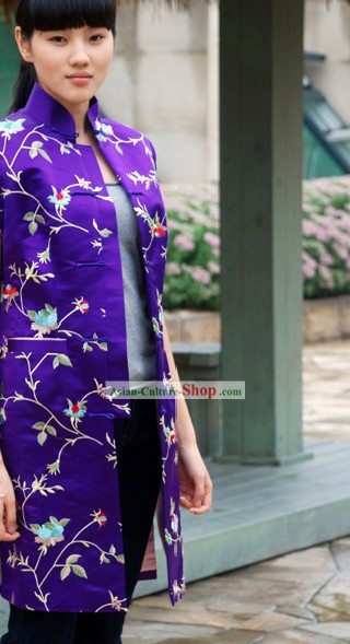 Impresionante chino de seda púrpura blusa de flores