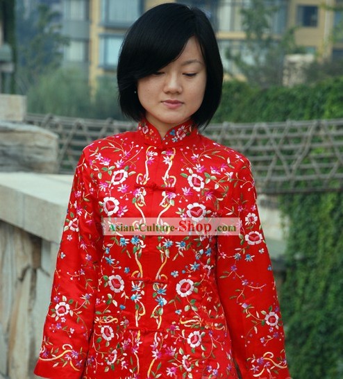 Clásica china suerte blusa roja florales hechos a mano y bordado de seda de la Mujer