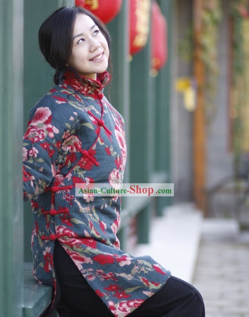Chinese Classical Handmade Folk Floral Cotton Long Jacket for Women
