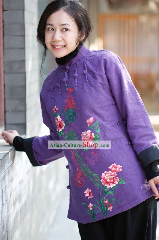 Chinois traditionnel brodé à la main et Phoenix lin pardessus pour les femmes