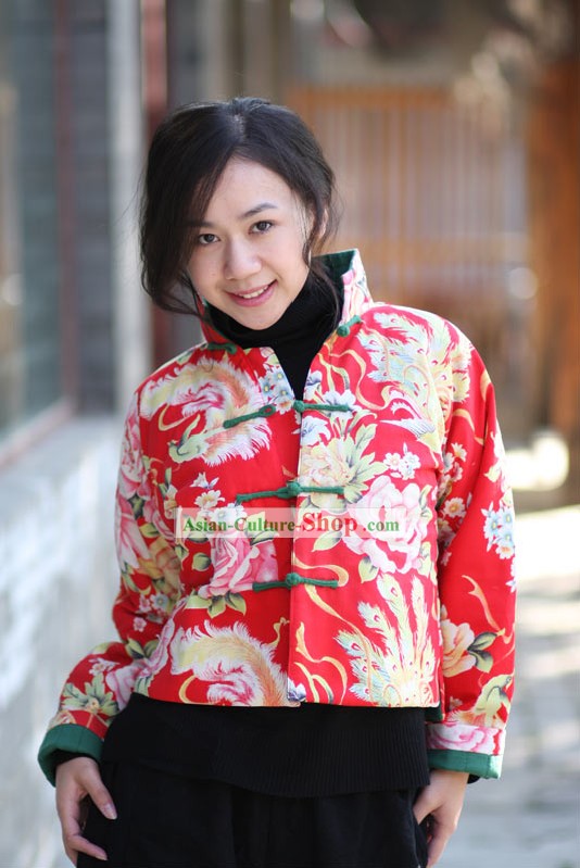 여성 중국어 클래식 수제 행운 레드 피오니 재킷