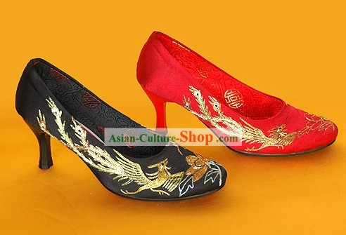 Классическая Китайская ручной работы и вышитыми Дракон и Феникс Высокий каблук обувь Свадебная