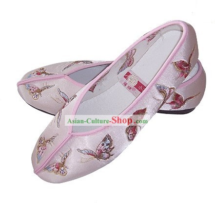 中国の伝統手作りの刺繍蝶のサテンの靴（ピンク）