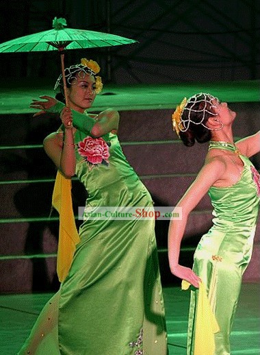 Tradicional China Verde Peony cheongsam Danza Disfraces juego completo