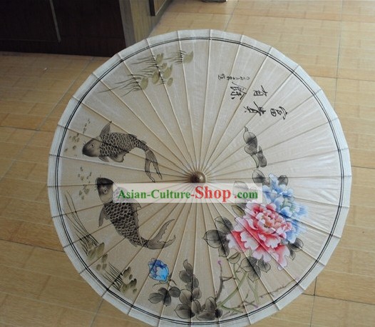Umbrella tradicional playa de pintura china a mano, lluvia y sol - Pescado y Peony