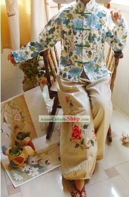 Классический китайский мандарин Воротник Поле цветка хлопка блузка
