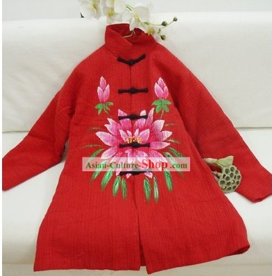 Clássico chinês mandarim Red outercoat Inverno Lotus para as Mulheres