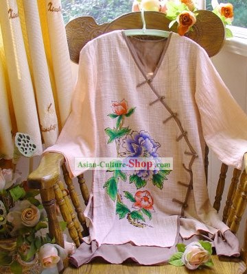 Clásico Chino pintado a mano Peony algodón y lino mandarín Blusa