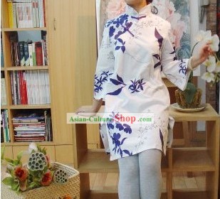 Tradicional china Mandarín blusa de cuello largo de algodón