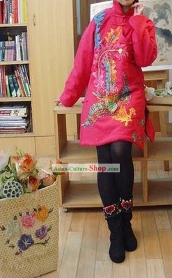 Supremo chino tradicional rosa Perlas Phoenix caliente de algodón acolchada chaqueta