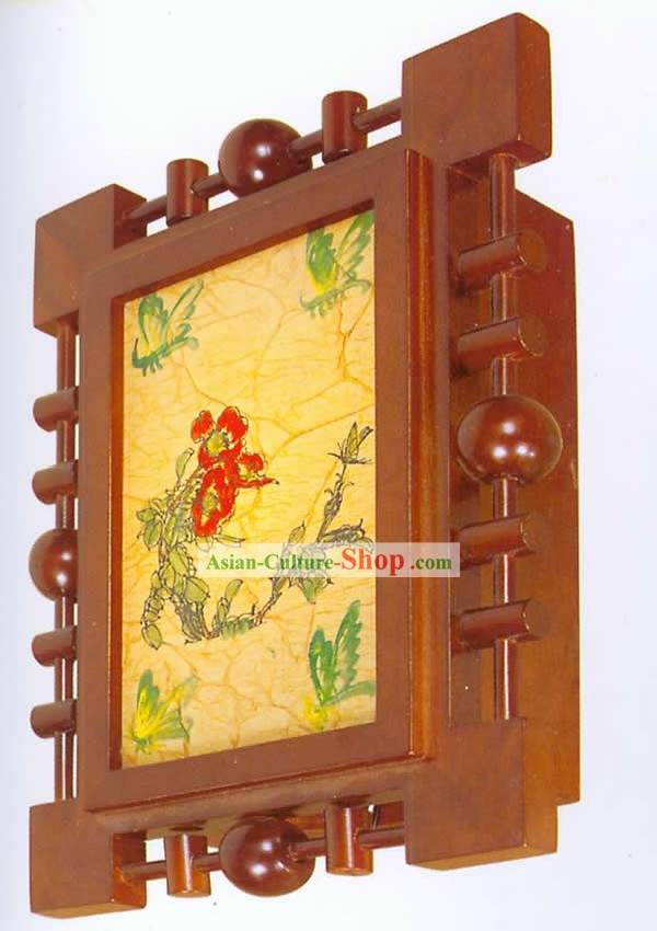 Mão chinês feito de madeira tradicional Pintura de parede da lanterna - Flor Vermelha