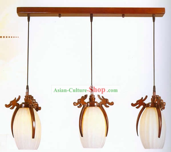 Mão Tradicional Chinesa Esculpida Três Dragões Lantern Hanging madeira