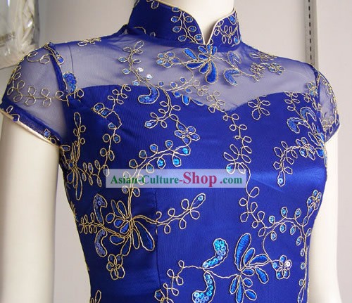 マンダリンゴールドの花のブルーチャイナドレス（袍）製見事なハンド