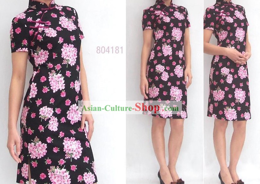Chinese Traditional Large Pink Flower Cotton Cheongsam (Qipao)