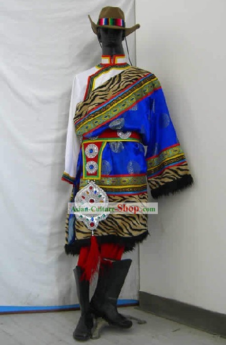 Chinese Traditional Tibet Minority Dance Costume and Hat Complete Set for Men