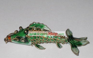 Chinese Traditional Cloisonne Silver Handicraft- Green Goldfish