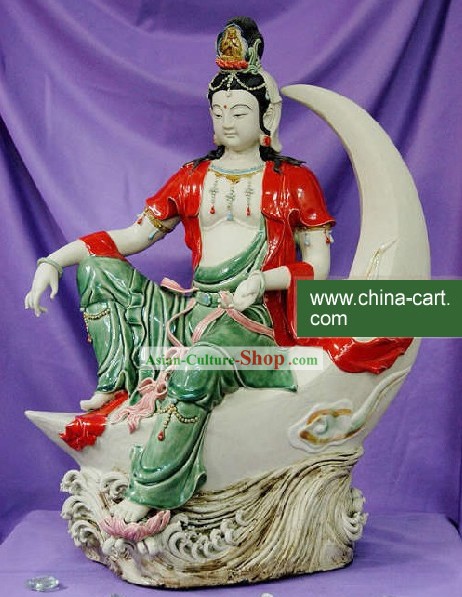 Cinese classico Shiwan Ceramica Statua Arts Collection - Colorful Moon Water Kwan-yin