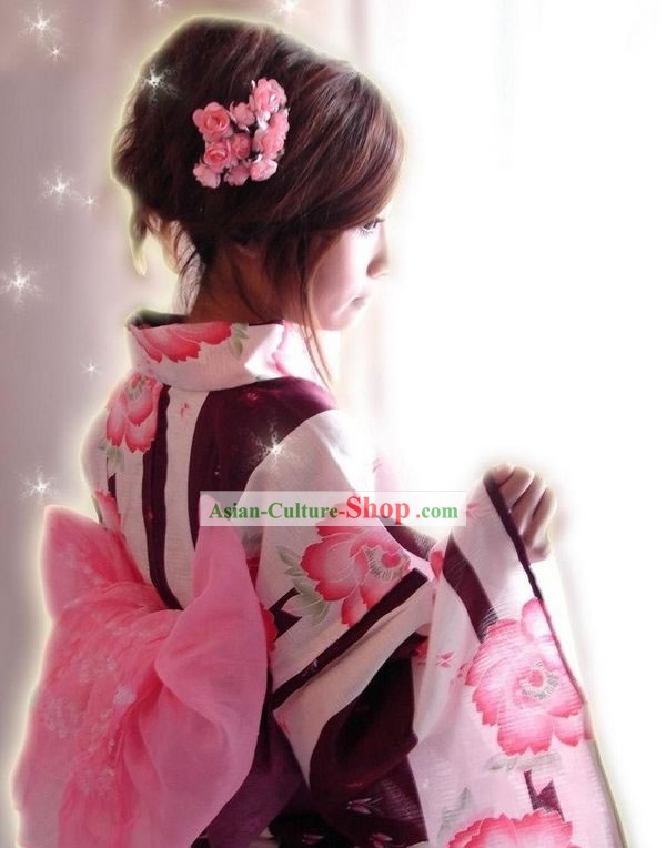 Florido tradicional kimono japonés y el bolso Set Geta completa