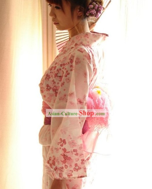 Traditionelle Rosa Flowery japanischen Kimono Handtasche und Geta Full Set