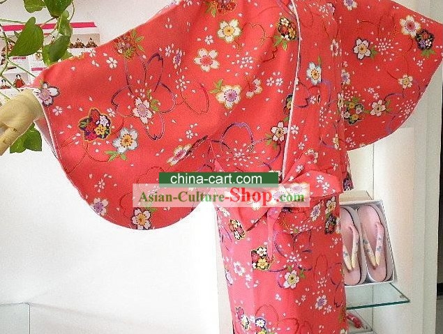 Red Oriental tradicional bolso de cereza kimono japonés y Set Geta completa