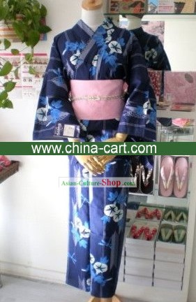 Traditionelle Blau Morning Glory japanischen Kimono Handtasche und Geta Full Set