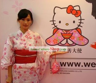 Traditional Pink Oriental Cherry Japanese Kimono Handbag and Geta Full Set