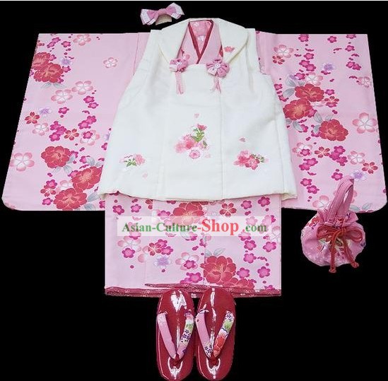 Suprema tradicional kimono japonés 7 piezas Set completo de tres años Chica