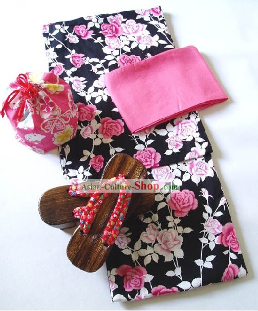 Traditionelle japanische China Rose Kimono Handtasche und Geta Full Set