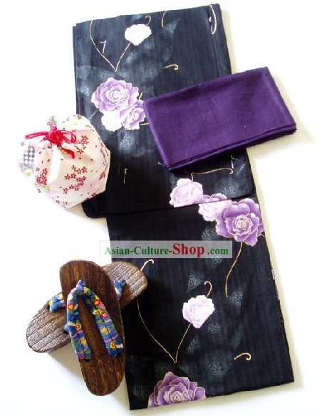 Traditional Japanese China Rose Kimono Handbag and Geta Full Set