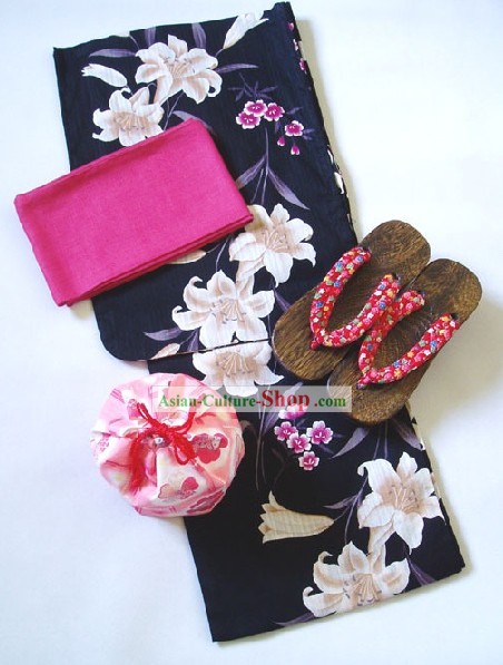 Lily Kimono japonés tradicional bolso y Set Geta completa