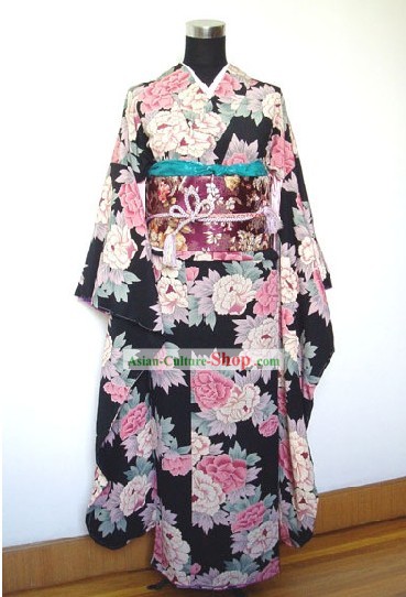 Traditionelle japanische Pfingstrose Kimono Handtasche und Geta Full Set