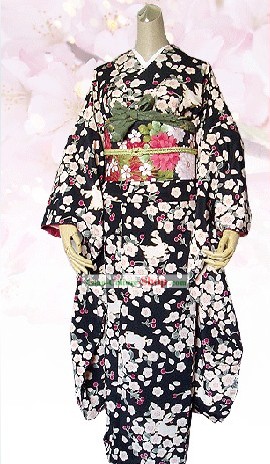 Suprema florido de seda japonesa Kimono Traje bolso y Set Geta completa
