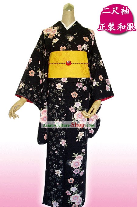 Tradicional japonesa florido bolso Negro Kimono y Set Geta completa