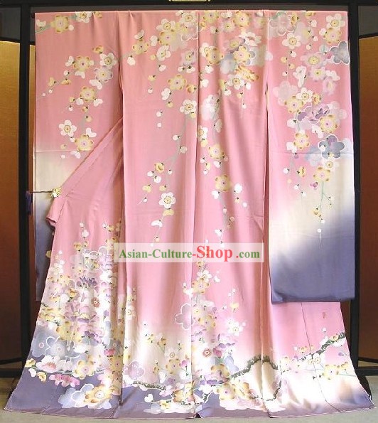 일본의 전통 핑크 플라 워리 기모노 핸드백 및 게타 전체 세트