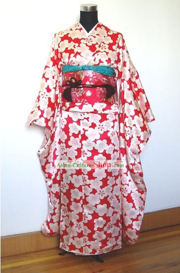 Traditionelle japanische Plum Blossom Kimono Handtasche und Geta Full Set