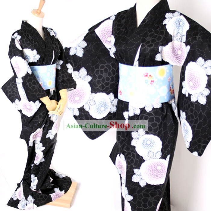 Traditionelle japanische schwarzen Kimono und Gürtel Full Set