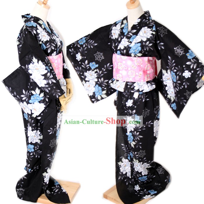 Traditionnel kimono japonais noir et ceinture Full Set
