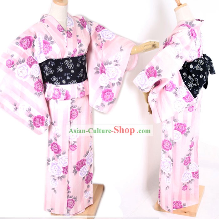Traditionelle japanische Rosa Flowery Kimono und Gürtel Full Set