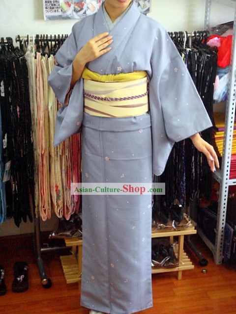 Tradicional japonesa Purple Kimono Oriental Cherry y cinturón conjunto completo