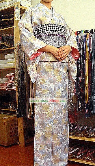 Traditionelle japanische Blatt Kimono und Gürtel Full Set
