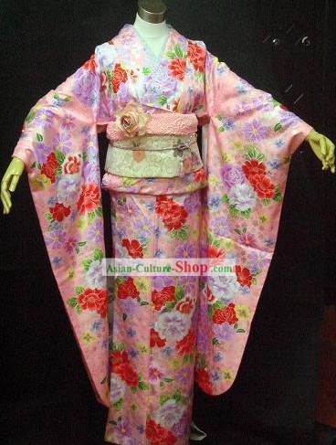 Tradicional kimono japonés florido rosa y cinta Juego Completo