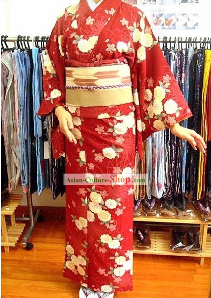 Traditionelle japanische Lucky Red Floral Blau Kimono und Gürtel Full Set