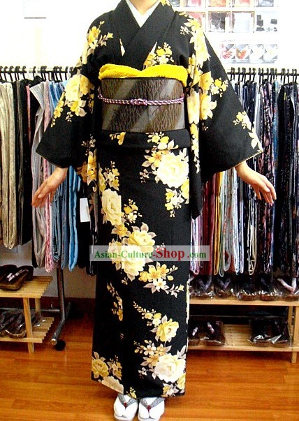 Tradizionale giapponese Nero Peony Kimono e cintura Set completo
