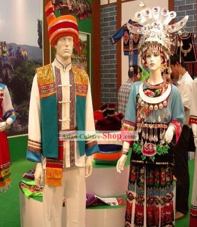 China Tu Minority Traditional Festival Celebration Clothing and Hat Complete Set for Men and Women