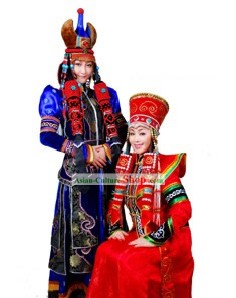 Traditional Chinese Mongolian Long Robe and Hat Complete Set